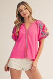 NOTCHED V NECK EMBROIDERED TOP - HOT PINK