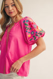 NOTCHED V NECK EMBROIDERED TOP - HOT PINK