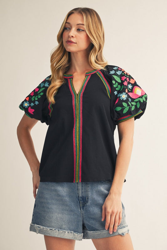 NOTCHED V NECK EMBROIDERED TOP - BLACK