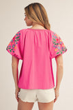 NOTCHED V NECK EMBROIDERED TOP - HOT PINK