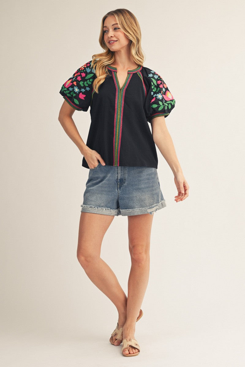 NOTCHED V NECK EMBROIDERED TOP - BLACK