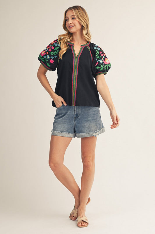 NOTCHED V NECK EMBROIDERED TOP - BLACK