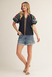 NOTCHED V NECK EMBROIDERED TOP - BLACK