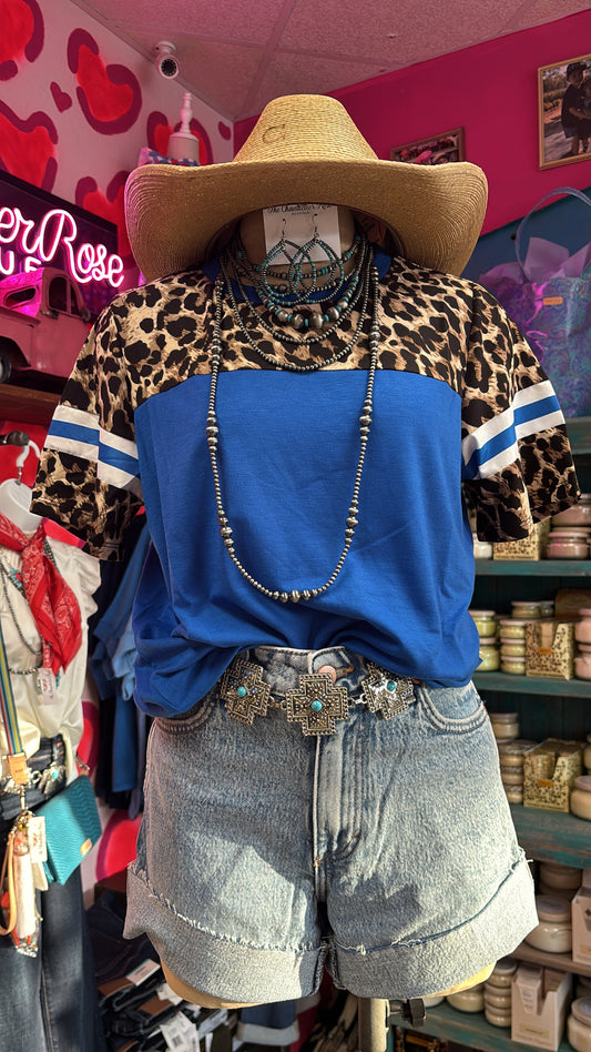 ROYAL BLUE HALF SLEEVE LEOPARD VARSITY TOP