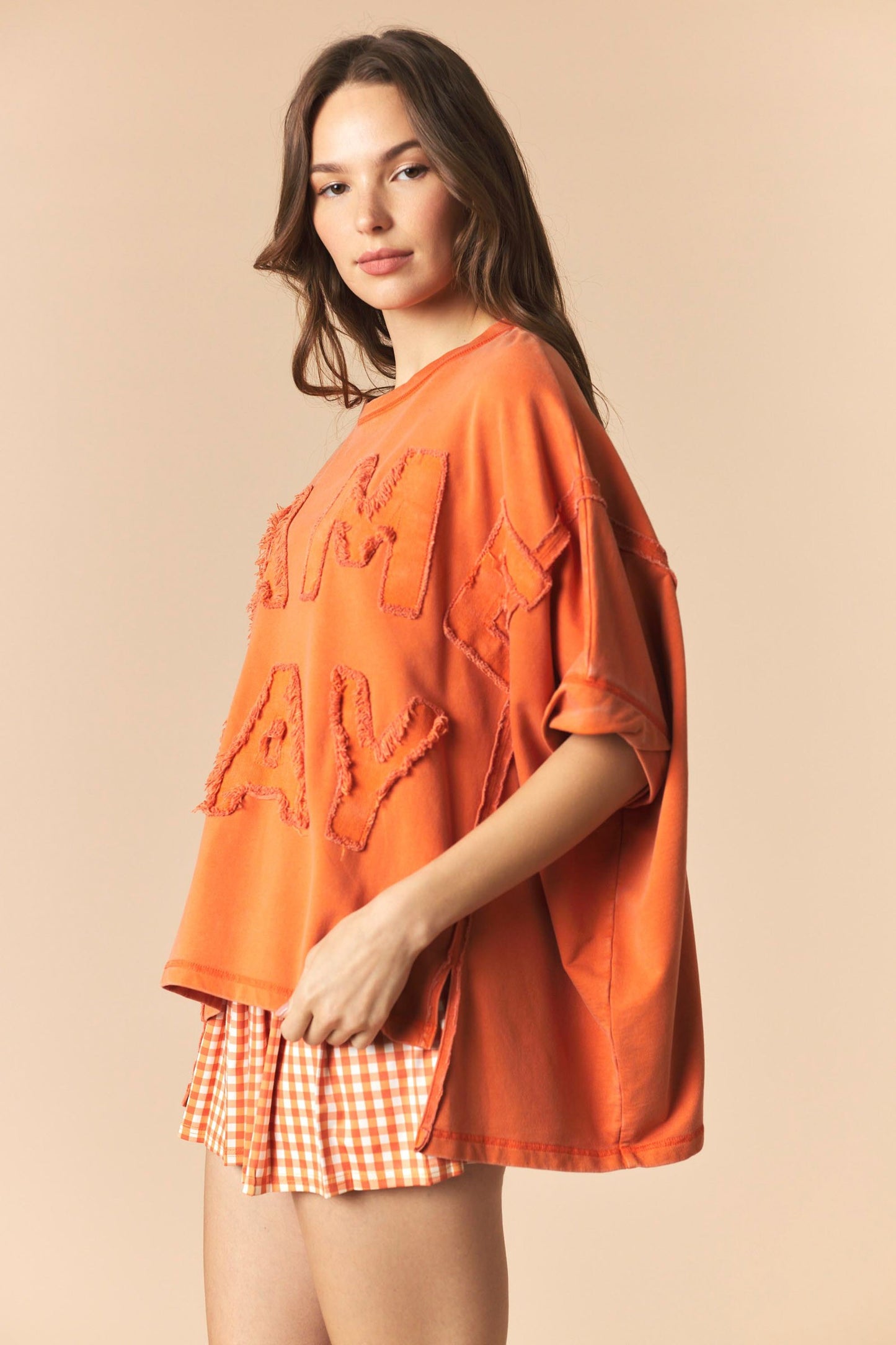 DYE AND WASHED GAMEDAY TWILL PATCH FRENCH TERRY TOP - ORANGE