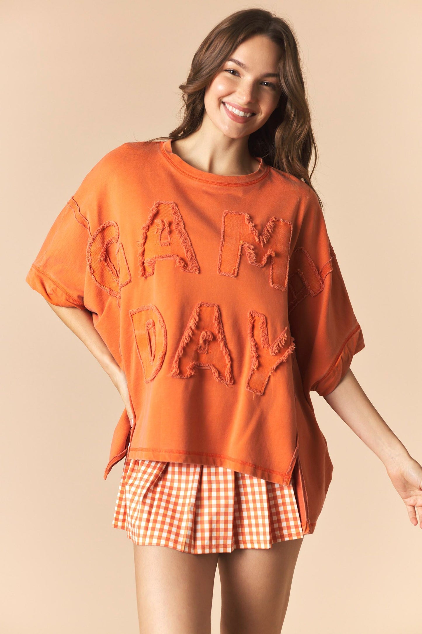 DYE AND WASHED GAMEDAY TWILL PATCH FRENCH TERRY TOP - ORANGE