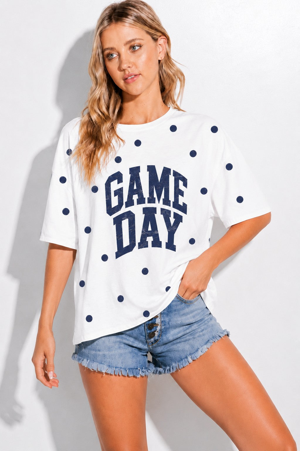 GAMEDAY PRINT SIDE SLIT TOP - IVORY/NAVY