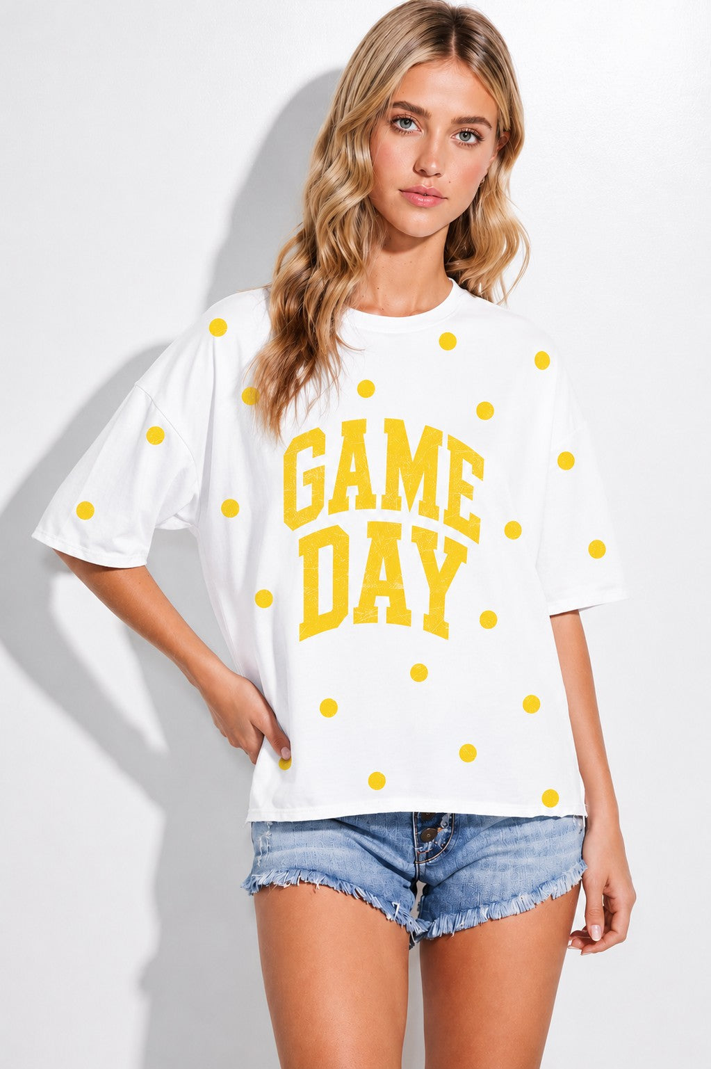 GAMEDAY PRINT SIDE SLIT TOP - IVORY/YELLOW