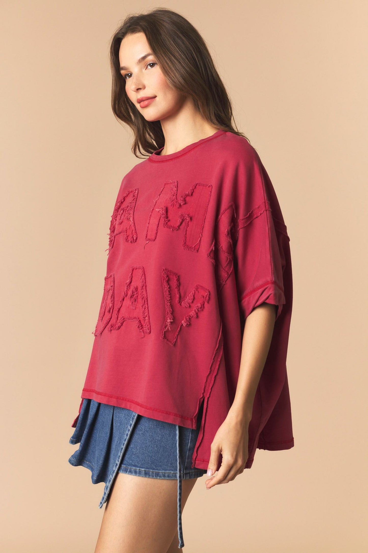 DYE AND WASHED GAMEDAY TWILL PATCH FRENCH TERRY TOP - CRIMSON