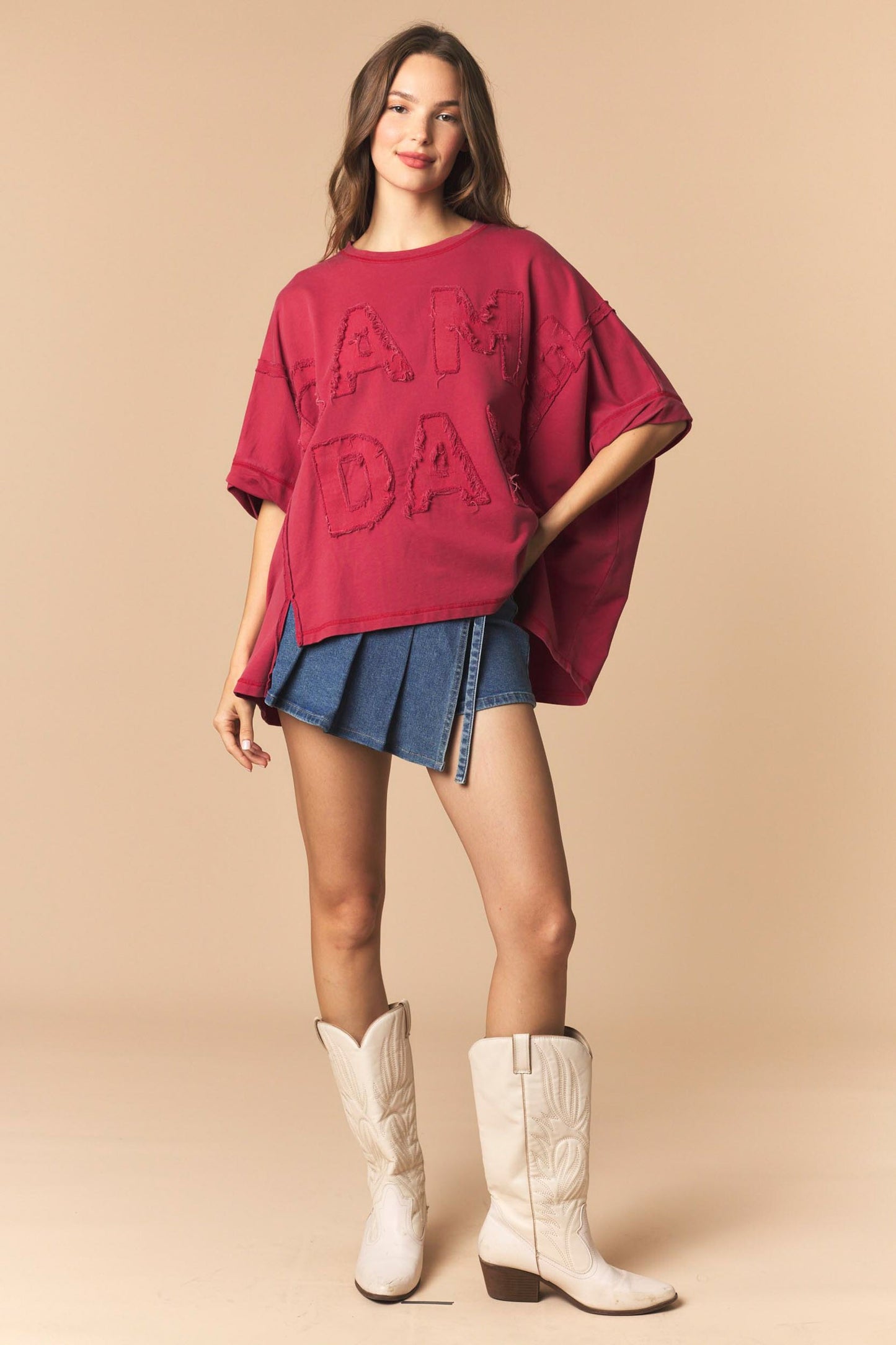 DYE AND WASHED GAMEDAY TWILL PATCH FRENCH TERRY TOP - CRIMSON