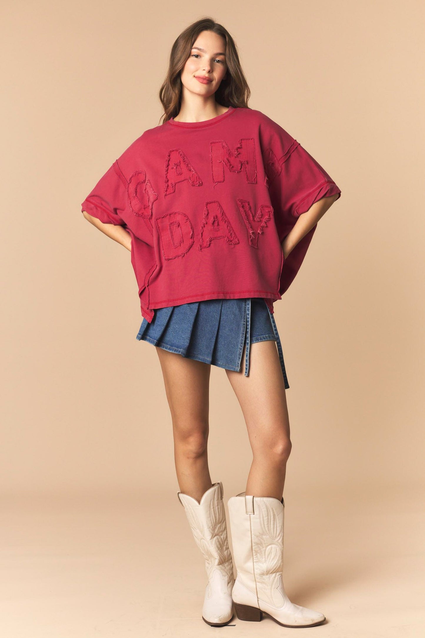 DYE AND WASHED GAMEDAY TWILL PATCH FRENCH TERRY TOP - CRIMSON