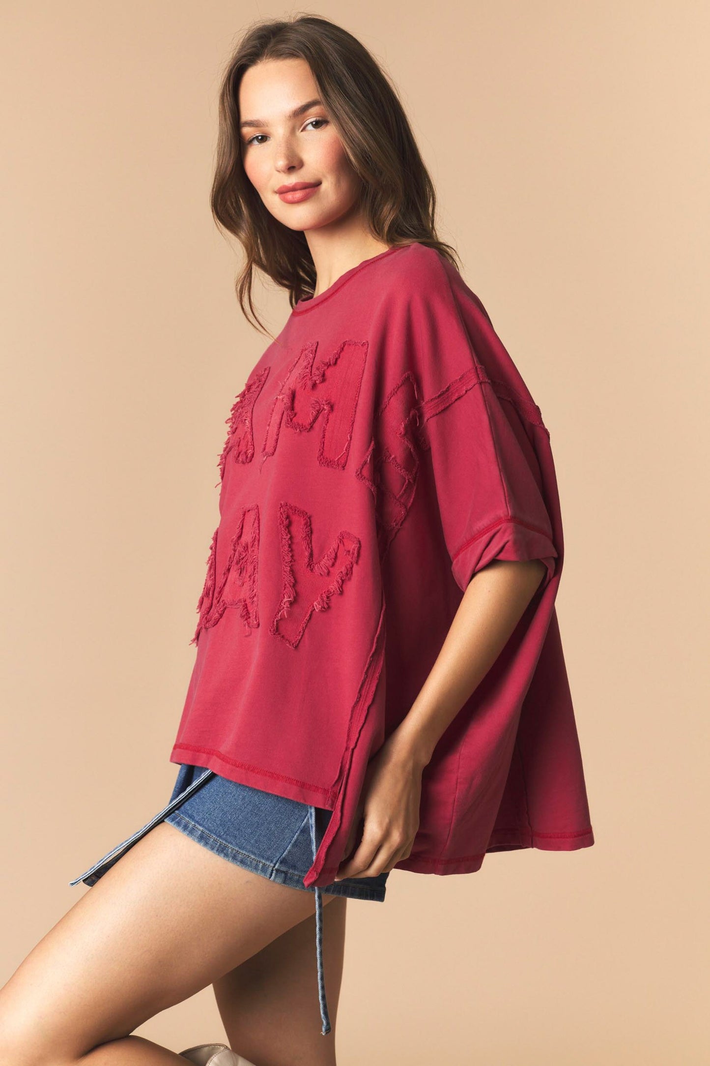 DYE AND WASHED GAMEDAY TWILL PATCH FRENCH TERRY TOP - CRIMSON