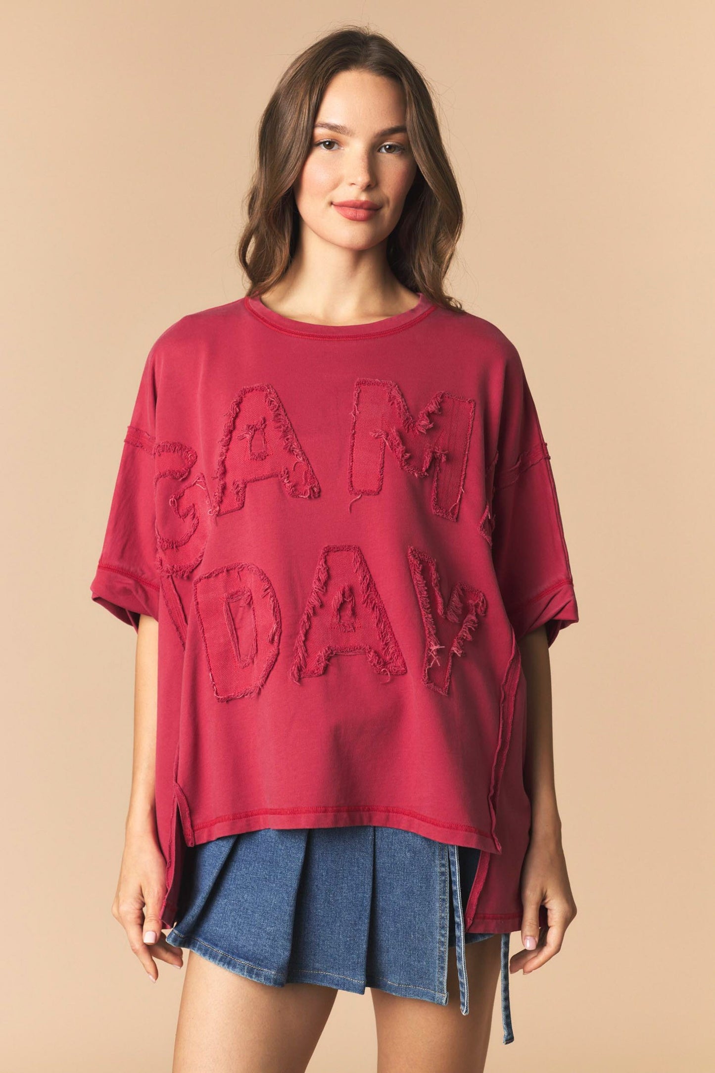 DYE AND WASHED GAMEDAY TWILL PATCH FRENCH TERRY TOP - CRIMSON
