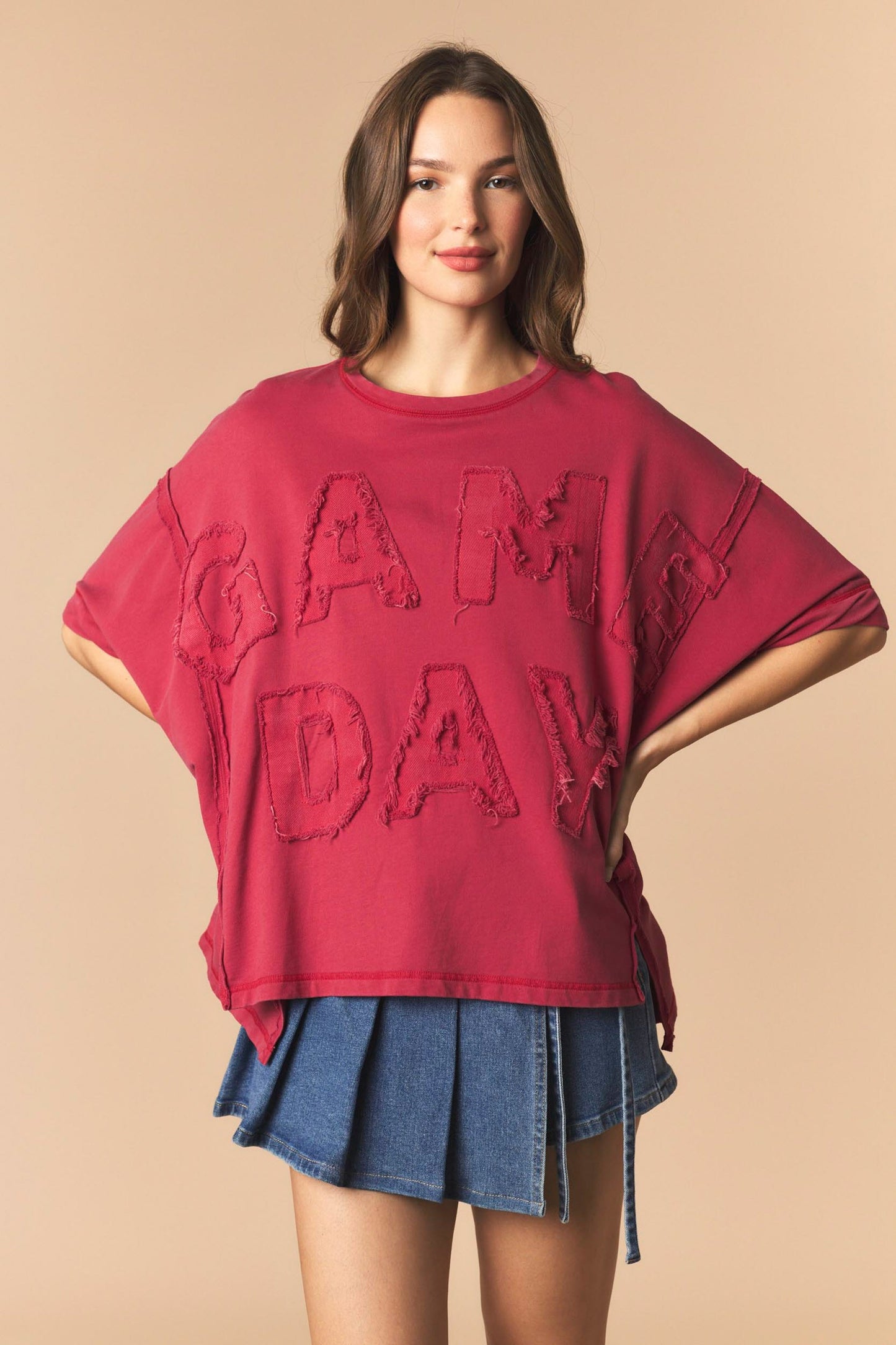 DYE AND WASHED GAMEDAY TWILL PATCH FRENCH TERRY TOP - CRIMSON