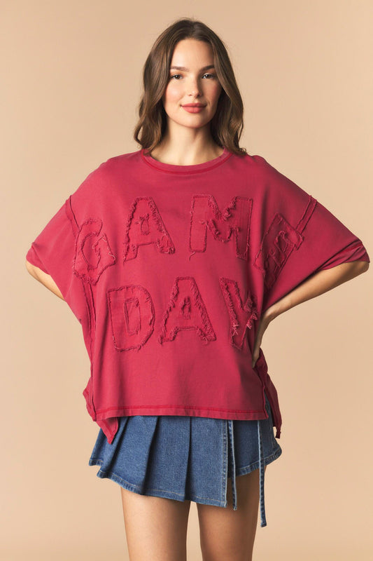 DYE AND WASHED GAMEDAY TWILL PATCH FRENCH TERRY TOP - CRIMSON
