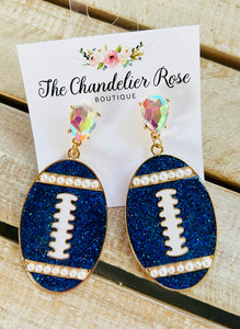 FOOTBALL PEARL AND RHINESTONE STUD EARRINGS - BLUE