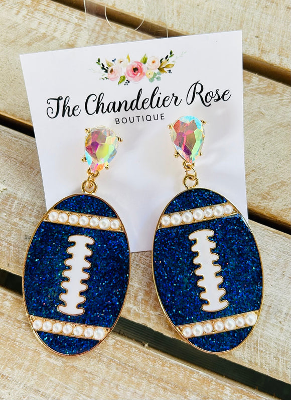 FOOTBALL PEARL AND RHINESTONE STUD EARRINGS - BLUE