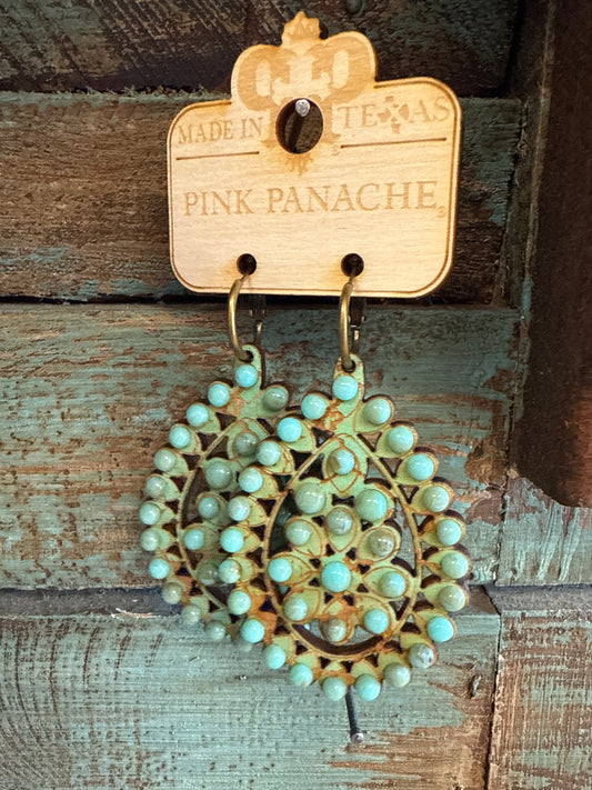PINK PANACHE TURQOUISE CRACKLE WOOD SANTE FE EARRINGS - 453TT