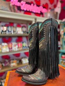 CORRAL WOMEN'S BLACK EMBROIDERY, CRYSTALS AND LAMB FRINGE WESTERN BOOTS - C4078