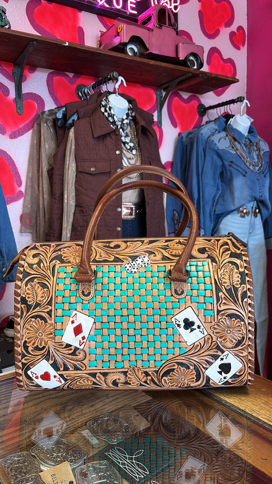 ACES LEATHER TOOLED TURQUOISE STITCHED TOTE BAG - BROWN