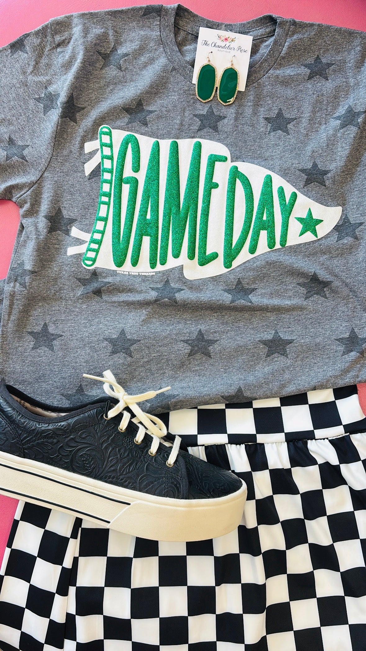 PENNANT GAME DAY HEATHER GREY STARS TEE - GREEN PUFF GLITTER