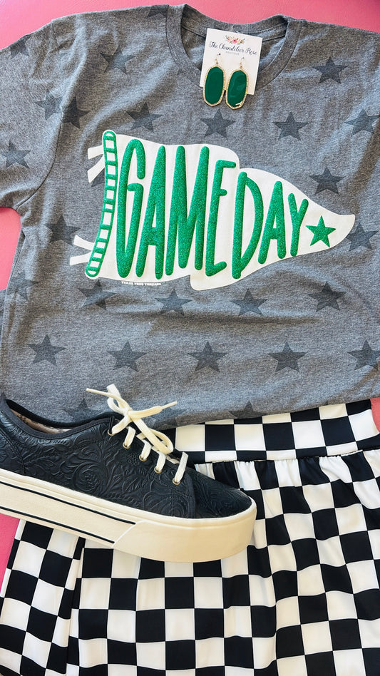 PENNANT GAME DAY HEATHER GREY STARS TEE - GREEN PUFF GLITTER
