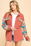 RUST CONTRAST AZTEC PATTERN SLEEVE CORDUROY SHACKET