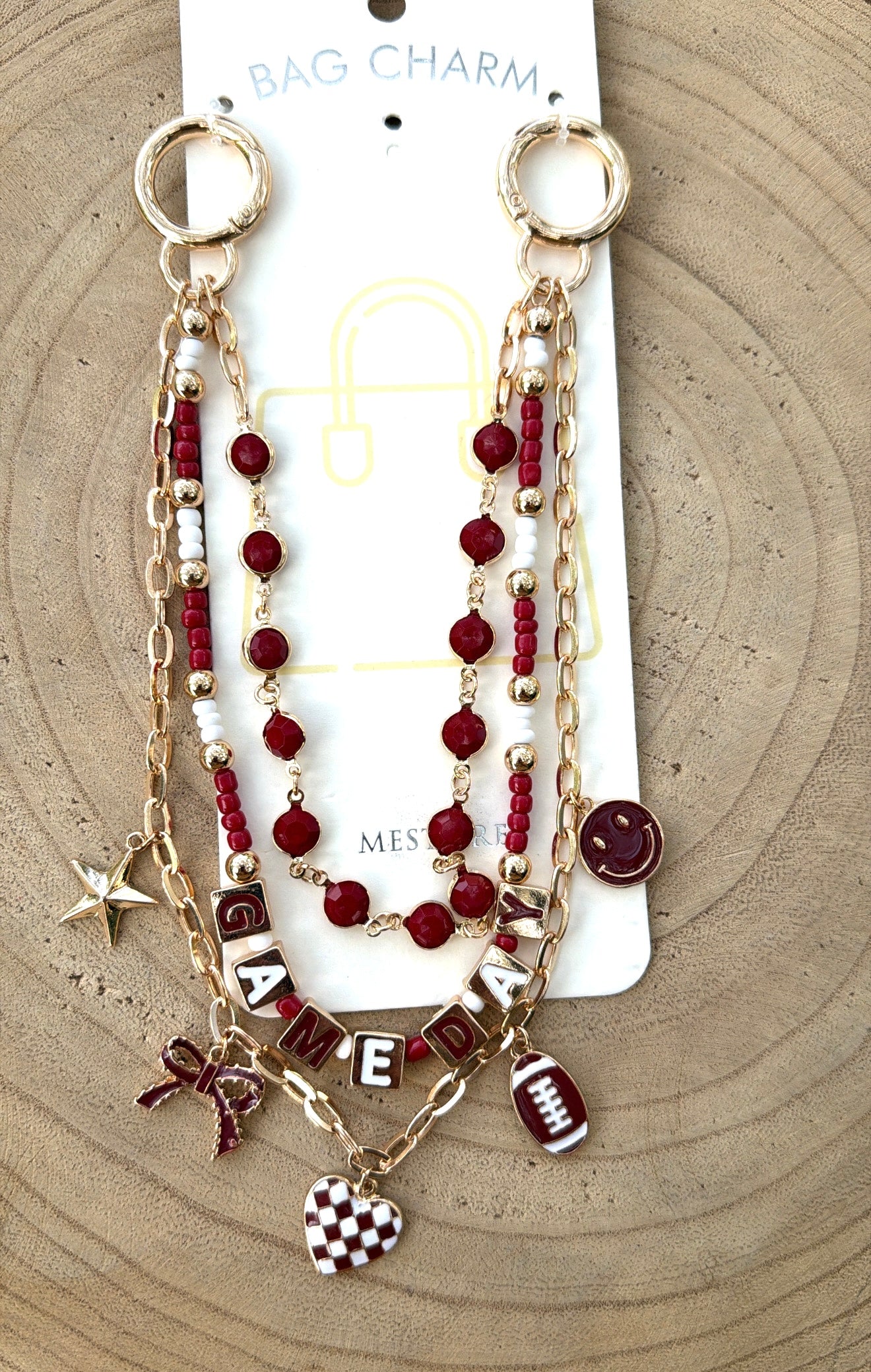 Triple Strand Game Day Bag Charm  - Burgundy and White