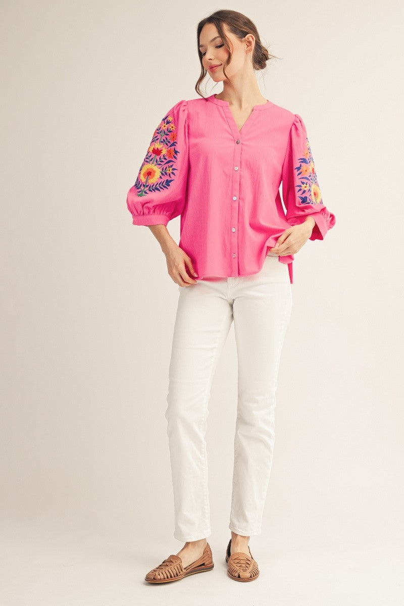 EMBROIDERY ACCENT BUTTON DOWN TOP - HOT PINK