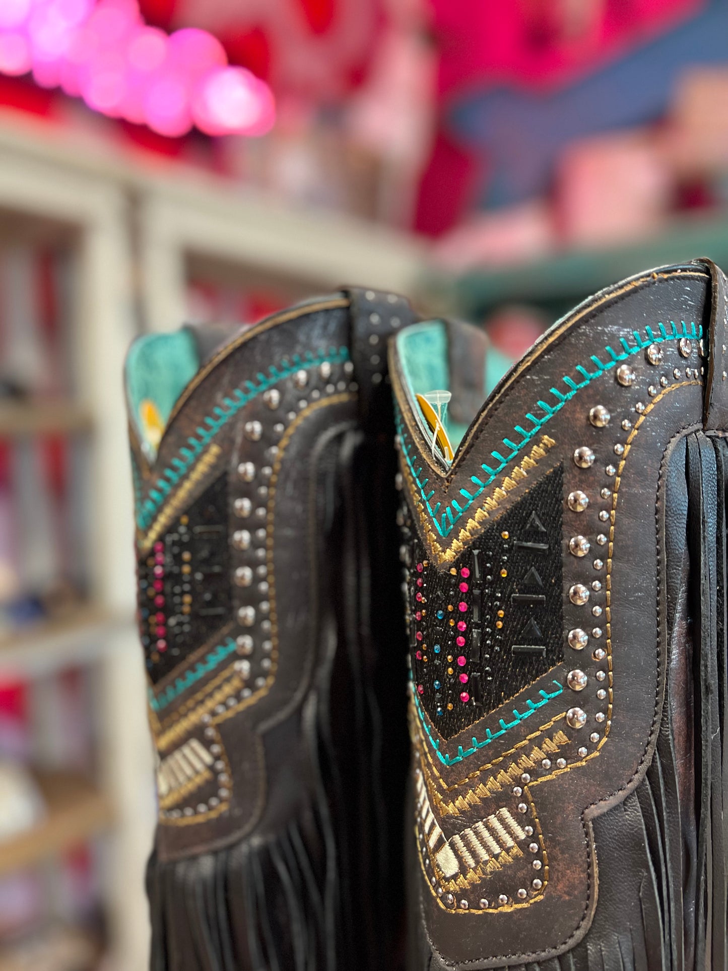 CORRAL WOMEN'S BLACK EMBROIDERY, CRYSTALS AND LAMB FRINGE WESTERN BOOTS - C4078