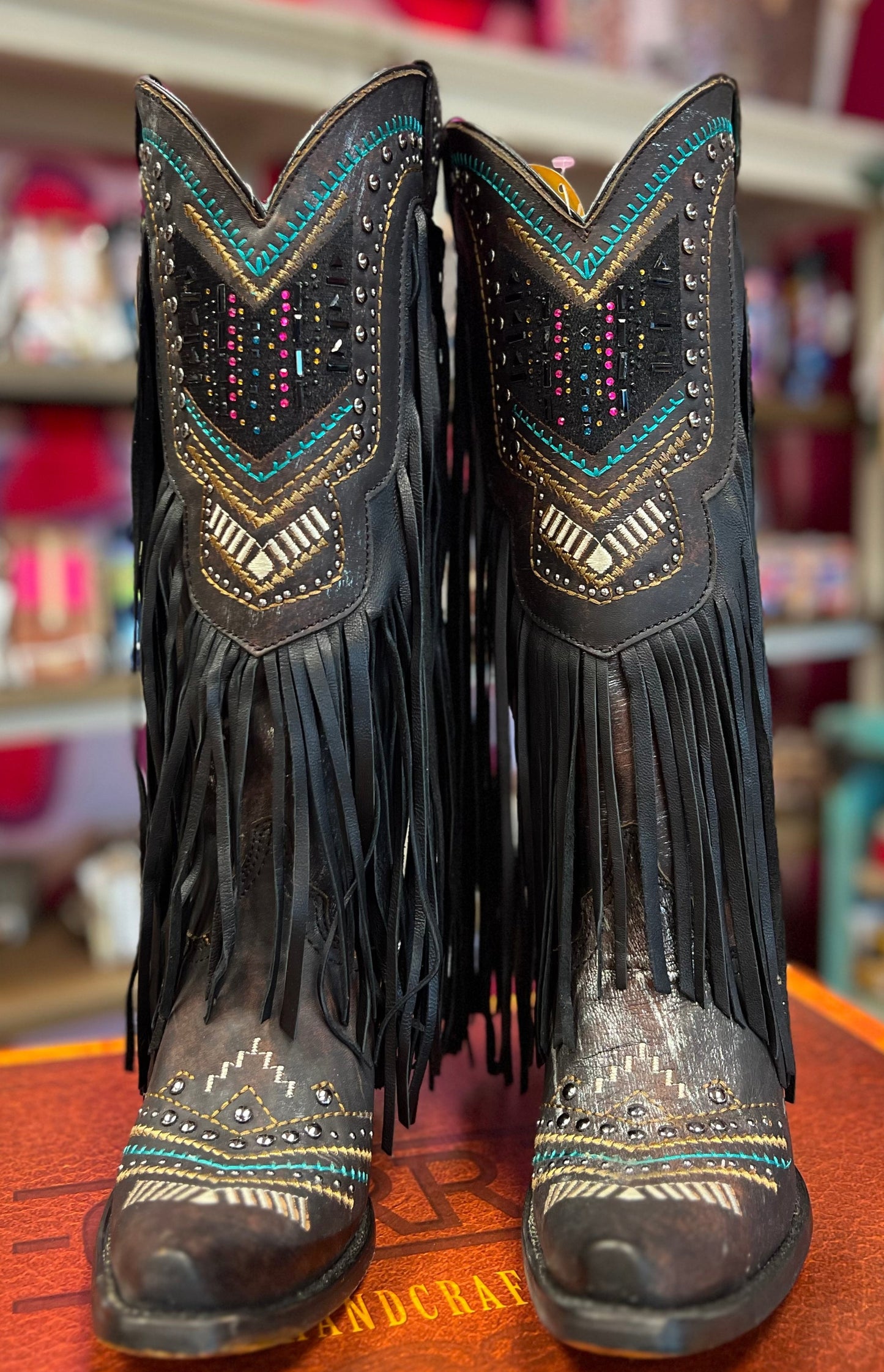 CORRAL WOMEN'S BLACK EMBROIDERY, CRYSTALS AND LAMB FRINGE WESTERN BOOTS - C4078