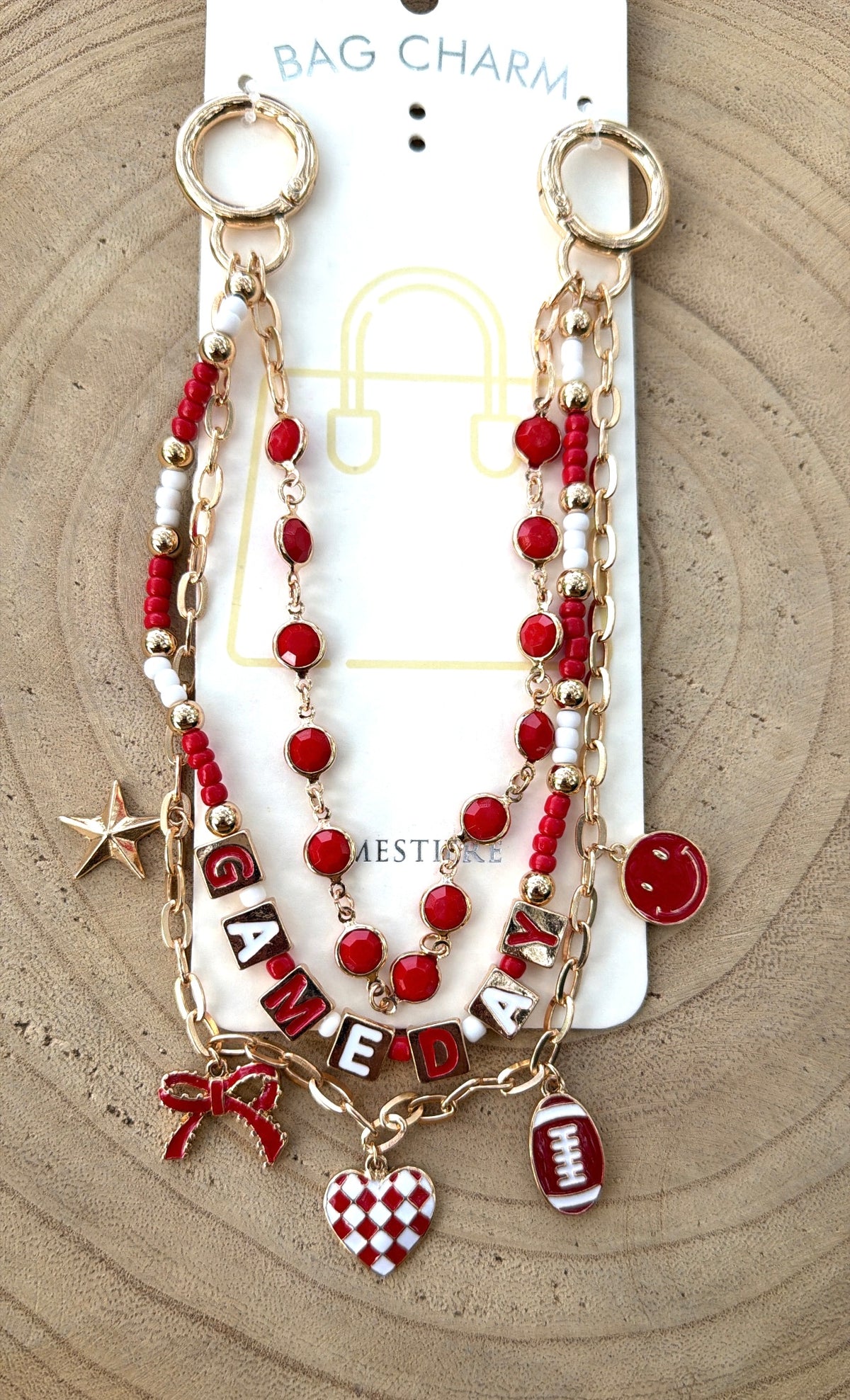 Triple Strand Game Day Bag Charm  -  Red and White