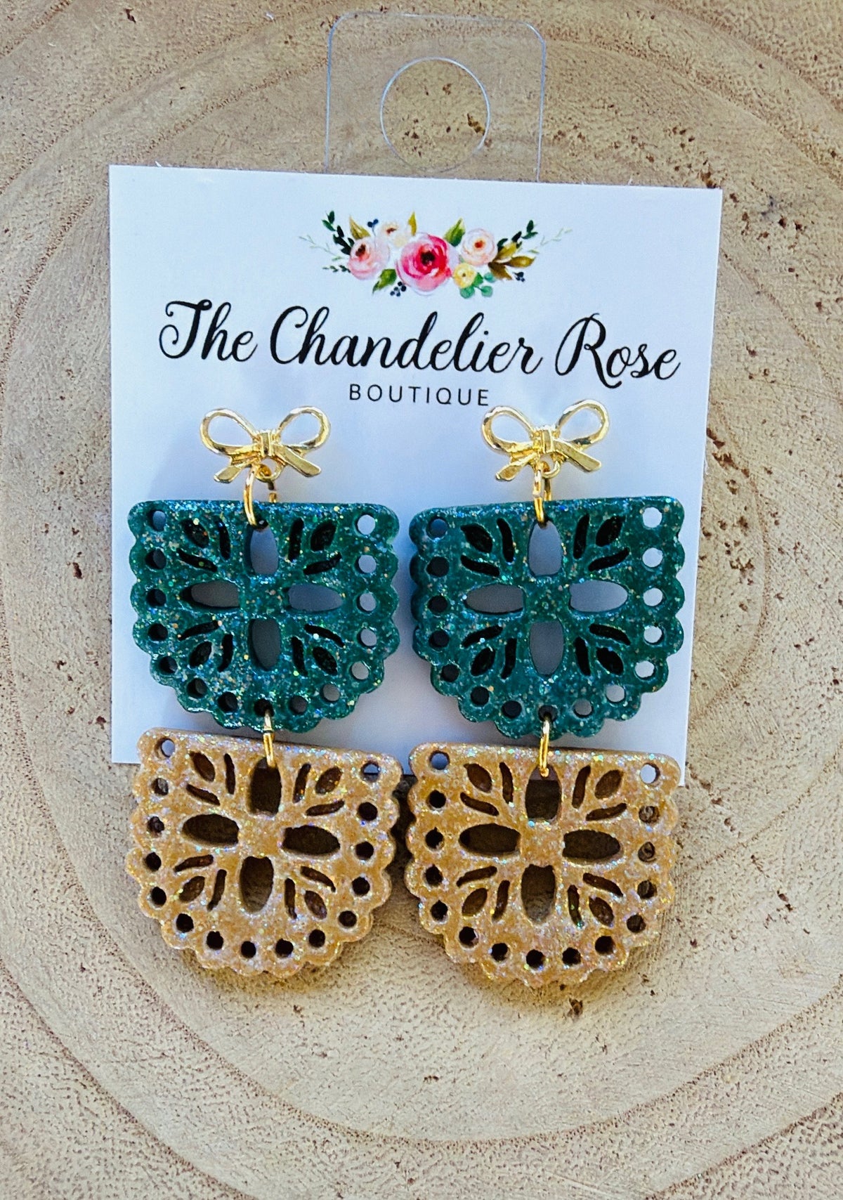 Green and Gold Glittered 2 Tier Papel Picado Gold Bow Earrings