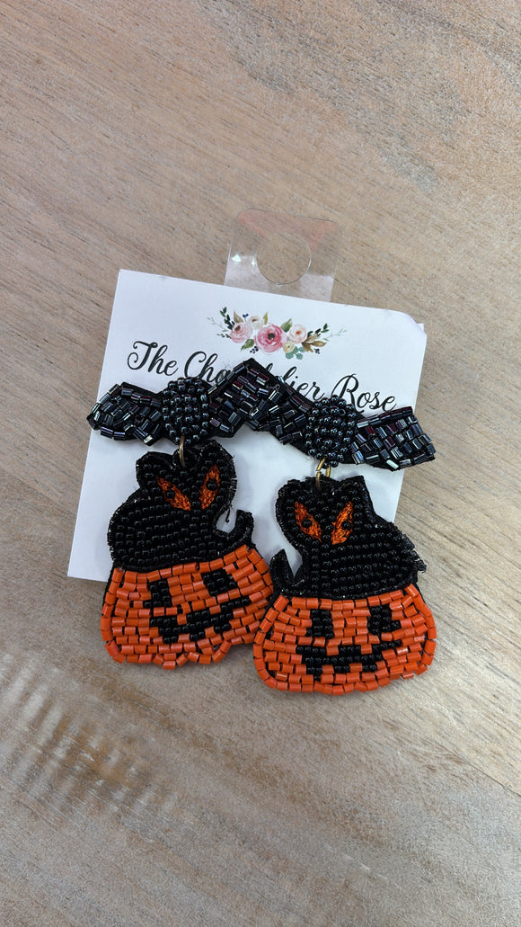 BATS, CATS AND PUMPKINS BEADED POST EARRINGS