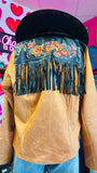FLORAL EMBROIDERY VEGAN LEATHER JACKET WITH BACK FRINGE