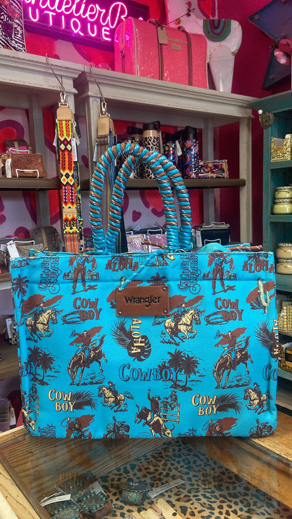 Wrangler COWBOY Dual Sided Print Canvas Wide Tote - Turquoise