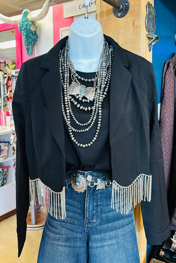 CROPPED RHINESTONE FRINGE BLAZER - BLACK