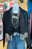 CROPPED RHINESTONE FRINGE BLAZER - BLACK