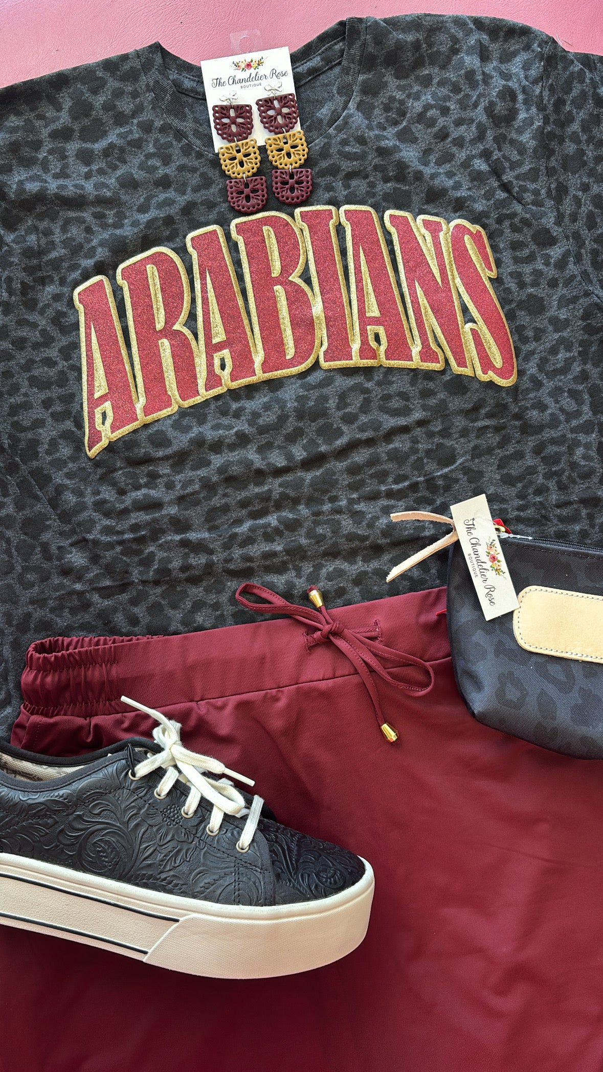 ARABIANS BLACK LEOPARD TEE - MAROON AND GOLD PUFF GLITTER
