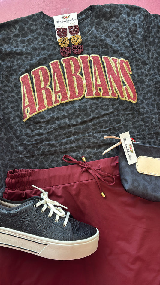 ARABIANS BLACK LEOPARD TEE - MAROON AND GOLD PUFF GLITTER