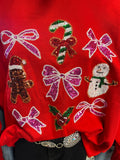 CHRSITMAS BOW, SNOWMAN AND GINGERBREAD MAN SEQUIN SWEATER