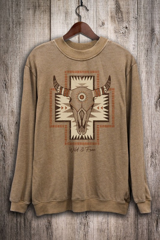 WILD N FREE COW SKULL MINERAL GRAPHIC SWEATSHIRTS - MINERAL TAUPE