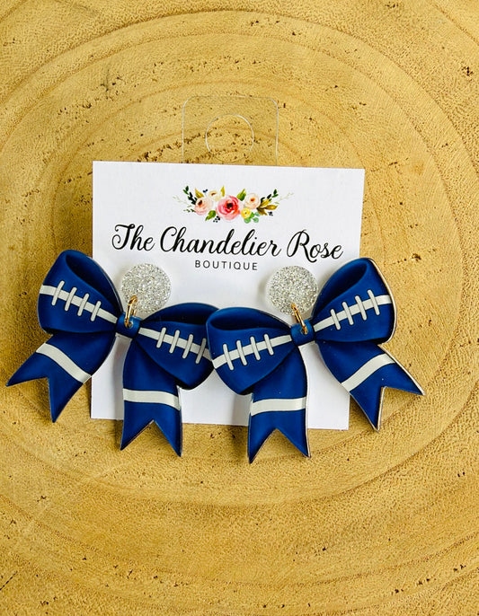 BLUE BOW FOOTBALL STITCH EARRINGS