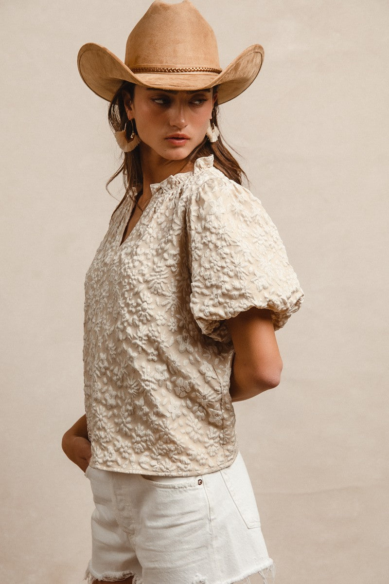 FLORAL PATTERN TEXTURED BALLON SLEEVES V NECK TOP - OATMEAL