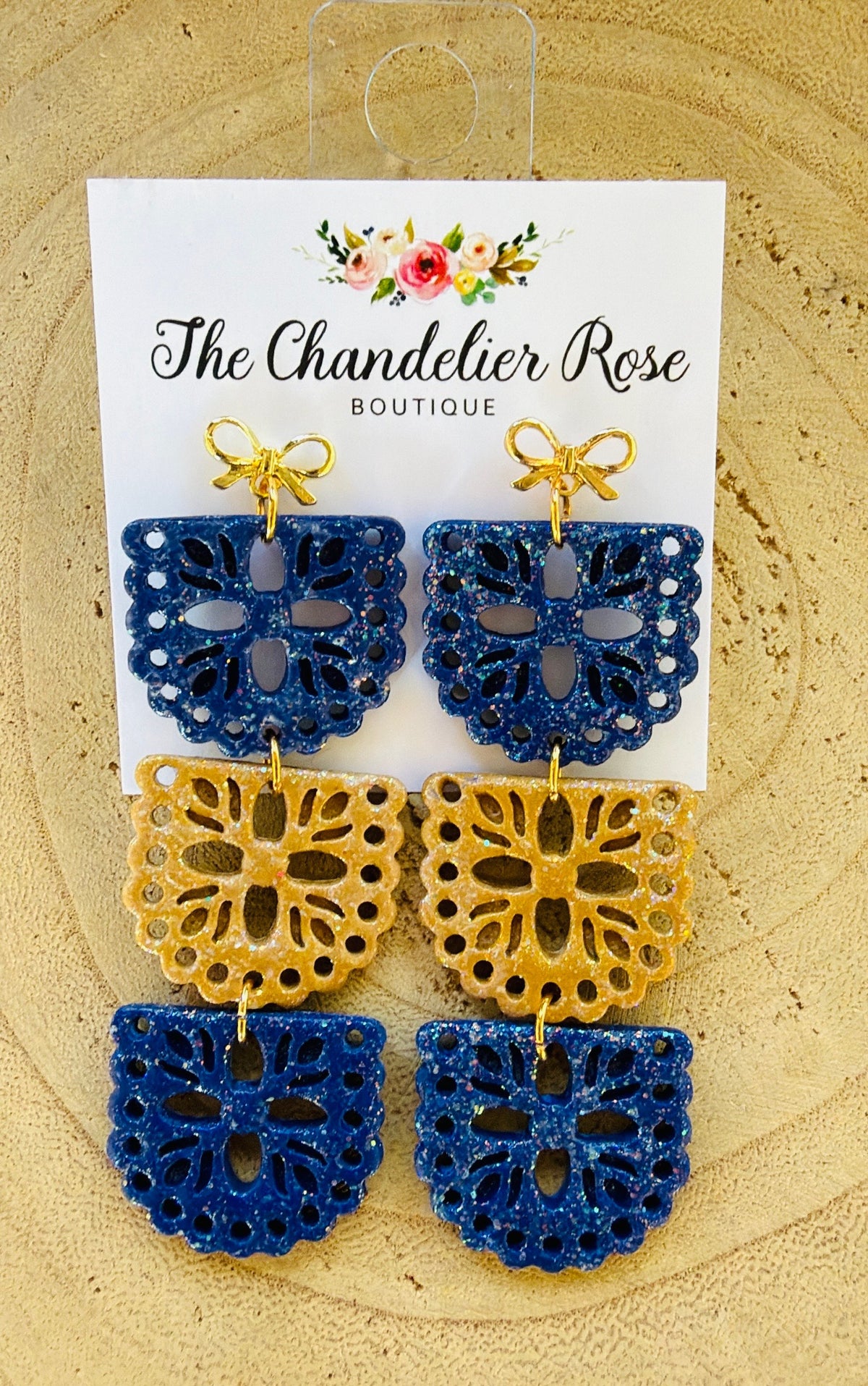 Blue and Gold Glittered 3 Tier Papel Picado Gold Bow Earrings