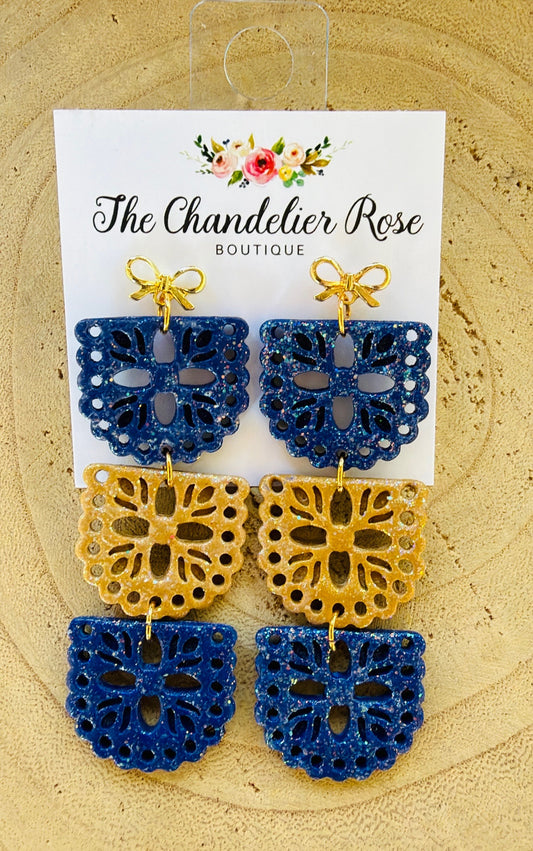 Blue and Gold Glittered 3 Tier Papel Picado Gold Bow Earrings