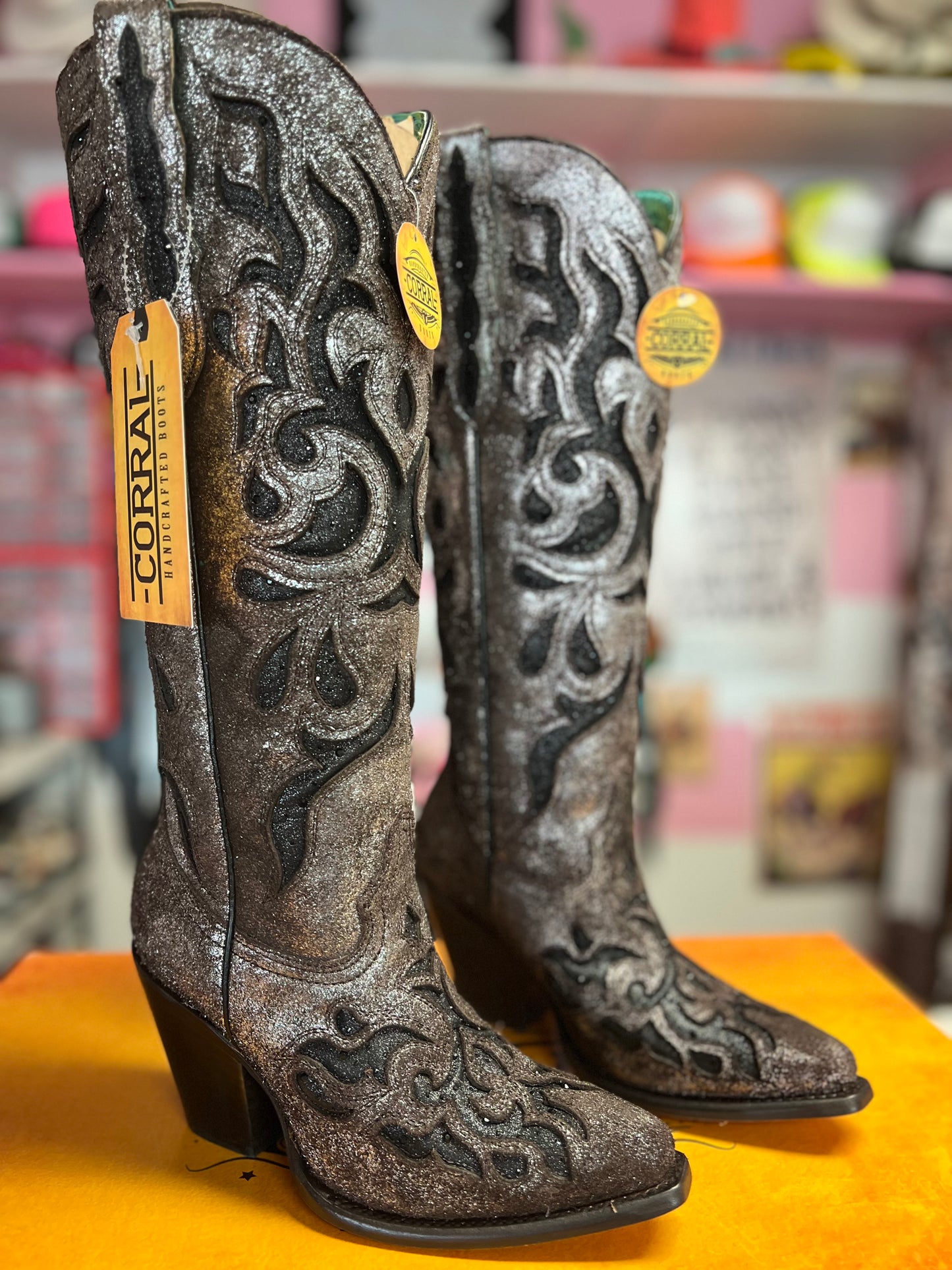 CORRAL WOMEN'S BROWN/BLACK EMBROIDERY & GLITTER CRYSTAL INLAY TALL WESTERN BOOT - Z5353