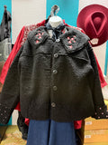 FLORAL EMBROIDERED BLACK SHERPA BUTTON UP JACKET