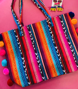 SERAPE TOTE WITH POM POMS