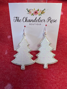 WHITE GLITTERED SILVERBACK CHRISTMAS TREE HOOK EARRINGS